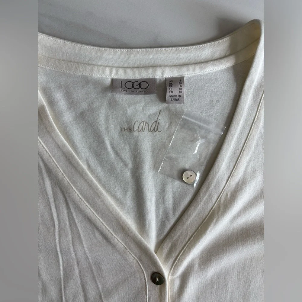 Logo Lori Goldstein the Cardi Cream Button-Up Cardigan Small